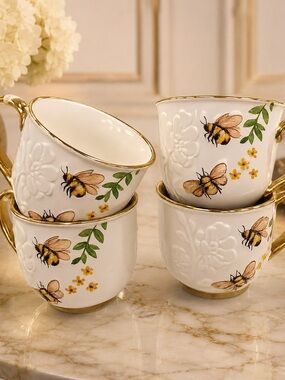 4 Elegant Bee Floral Porcelain Teacup Set — White and Gold